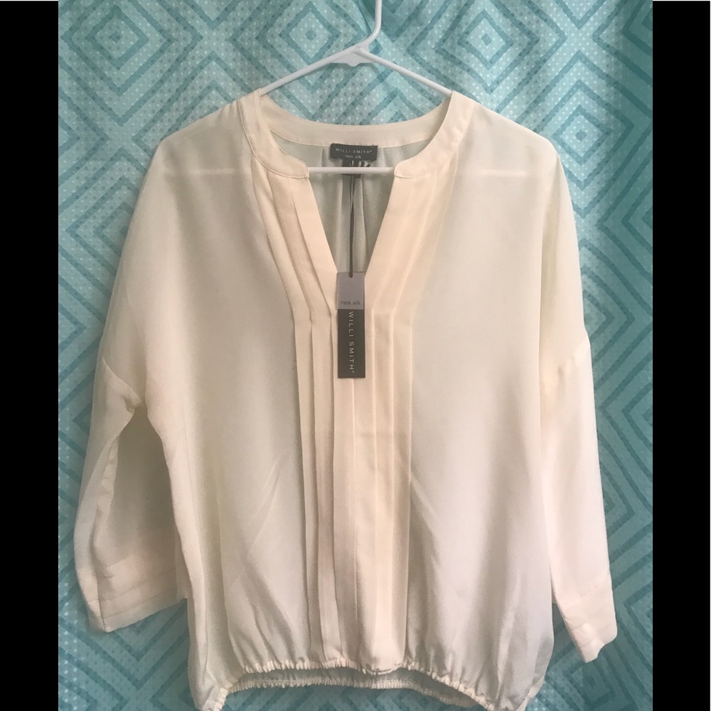 Willi Smith Cream Pleated V-Neck silk Blouse